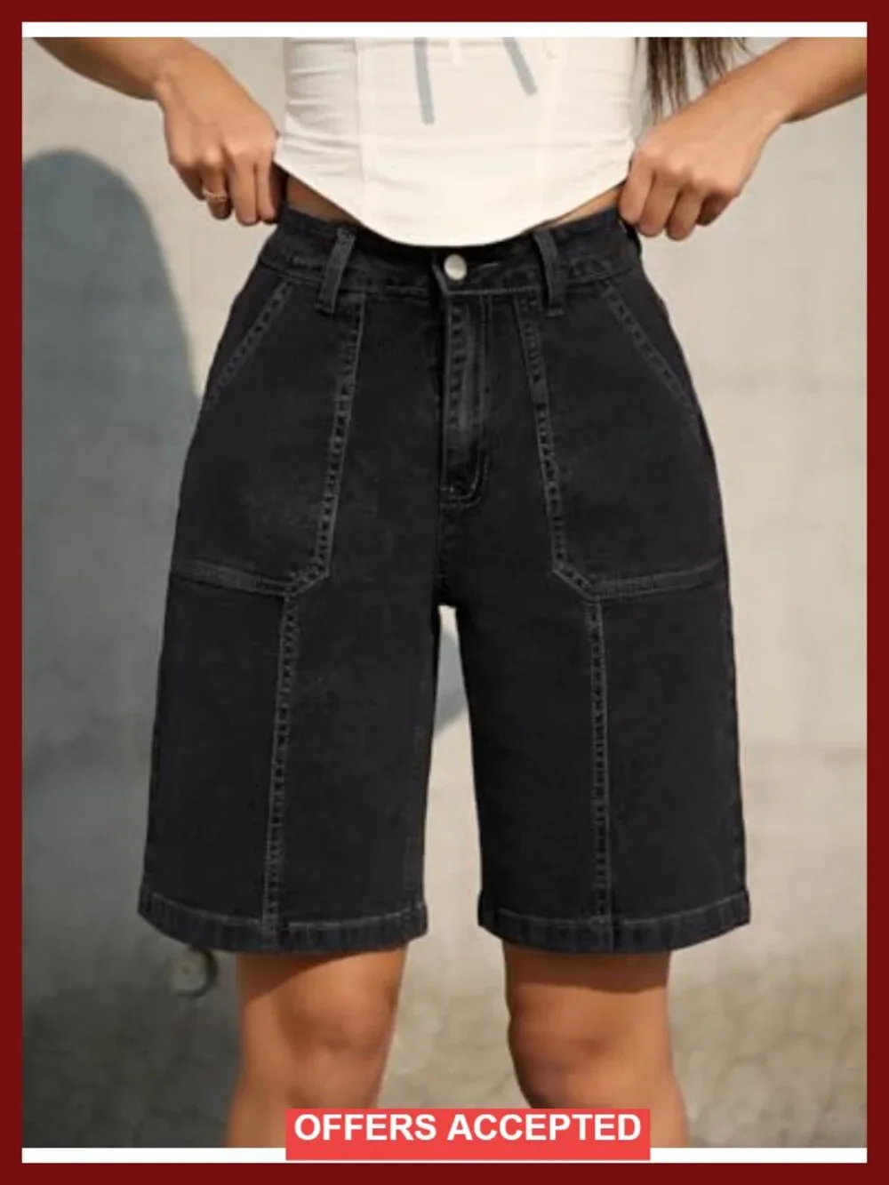 High Waist Bermuda Denim Shorts with Pockets Long Knee Length Summer Jean Shorts